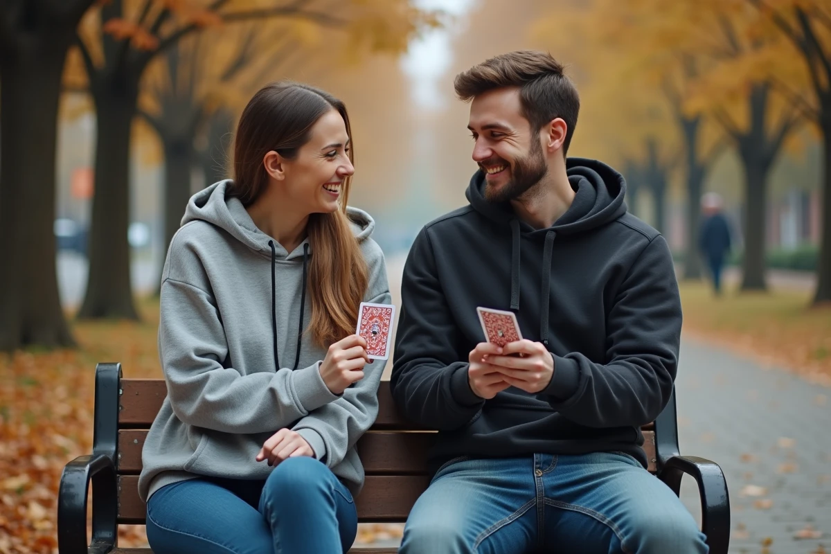 Deux amis qui jouent à un jeu de cartes simple et facile sur un banc dans un parc en automne