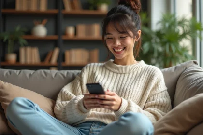 Jeune femme détendue jouant à un jeu mobile facile sur son canapé, sourire satisfait, ambiance cosy