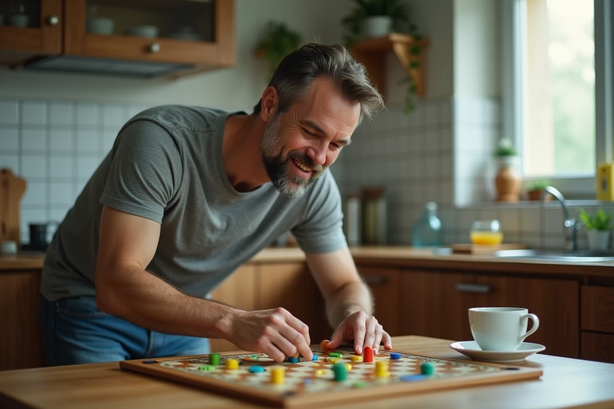 Homme adulte jouant à un jeu de société classique et facile sur une table en bois dans une cuisine