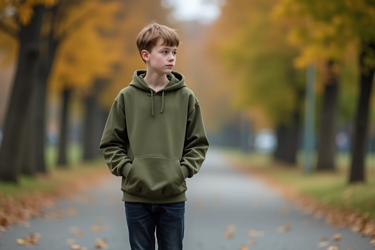 Jeune homme adolescent en hoodie vert olive dans un parc urbain en automne, représentant la jeunesse discrète d'un enfant de personnalité publique