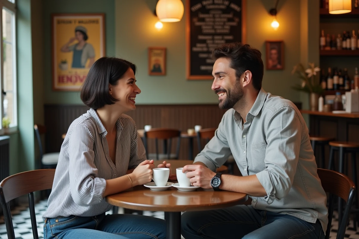 Jeune couple en discussion autour d'un café dans un bistrot parisien typique