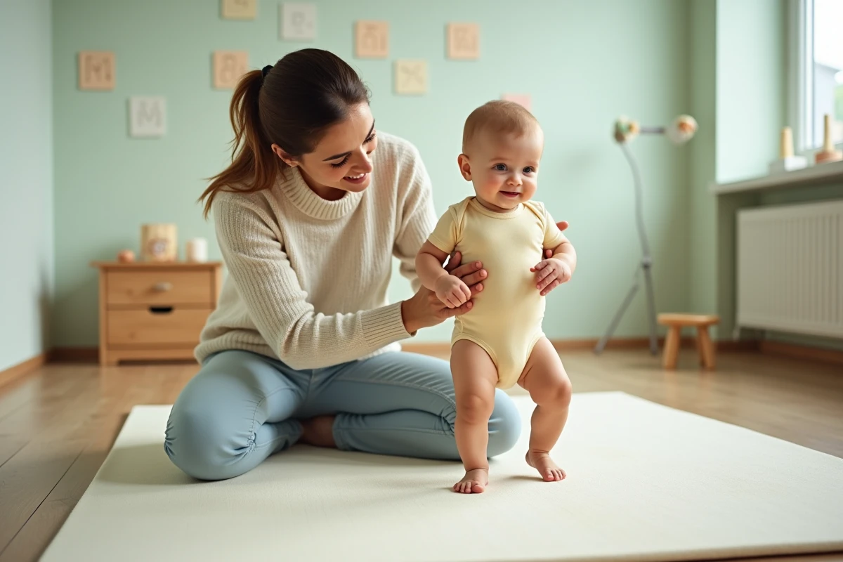 Physiothérapeute pédiatrique aidant un bébé de 20 mois à faire ses premiers pas en salle de rééducation