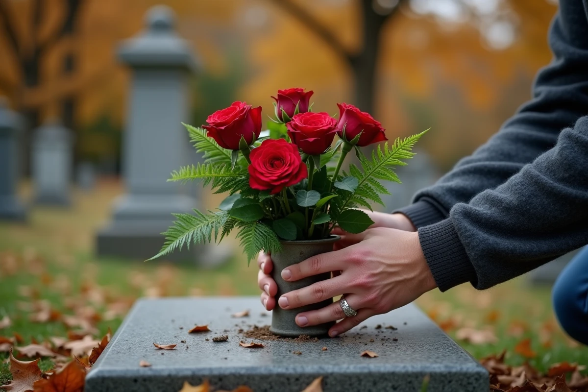 Mains masculines arrangeant des roses rouges dans un vase de tombe en pleine terre avec feuilles d'automne et sol visible