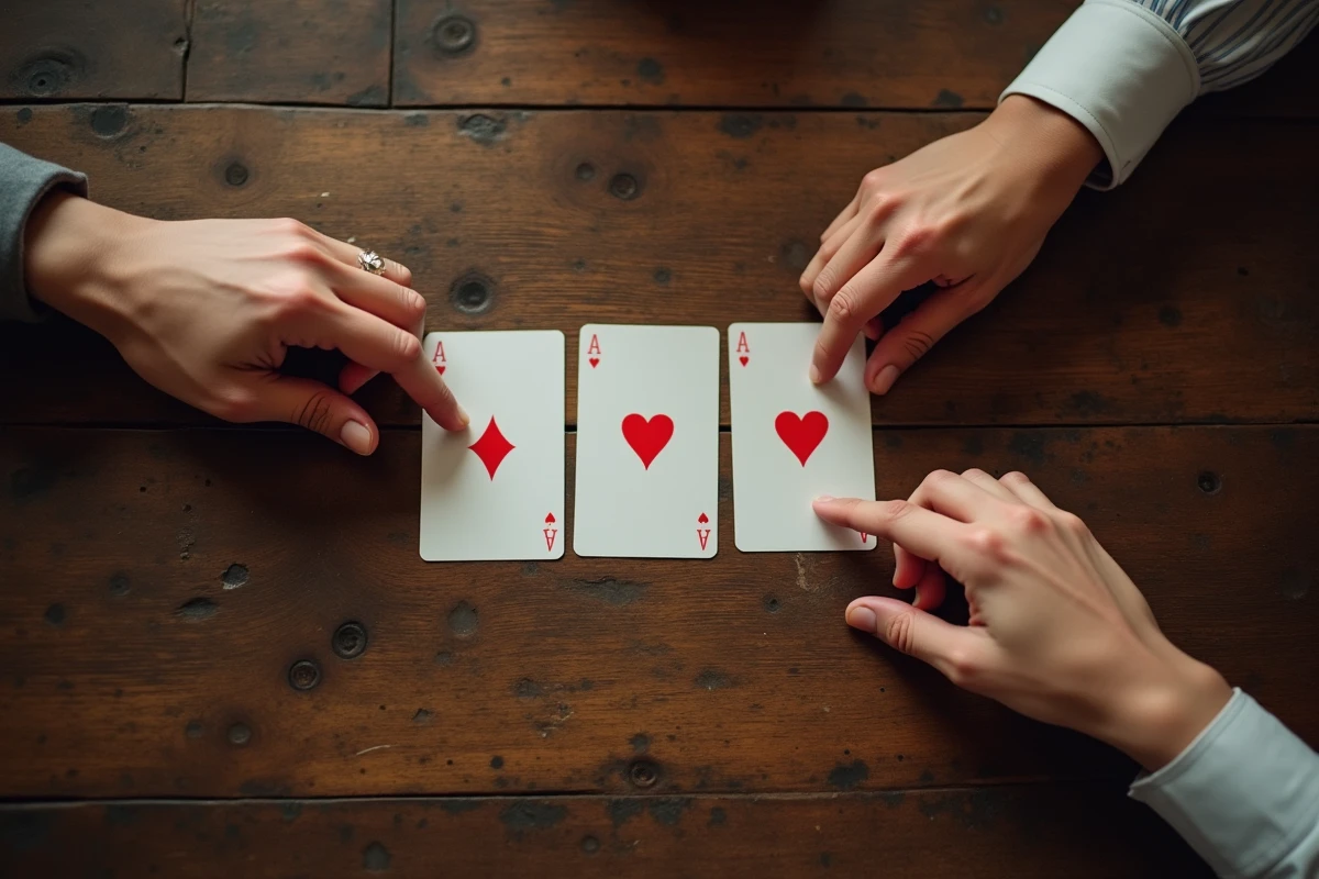 Vue aérienne des mains de joueurs de Kem's avec un signal discret et quatre cartes identiques posées sur la table