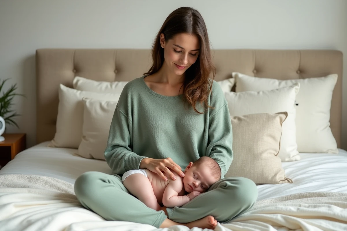 Maman apaisante tapotant le dos de son bébé somnolent allongé sur ses genoux dans une chambre paisible