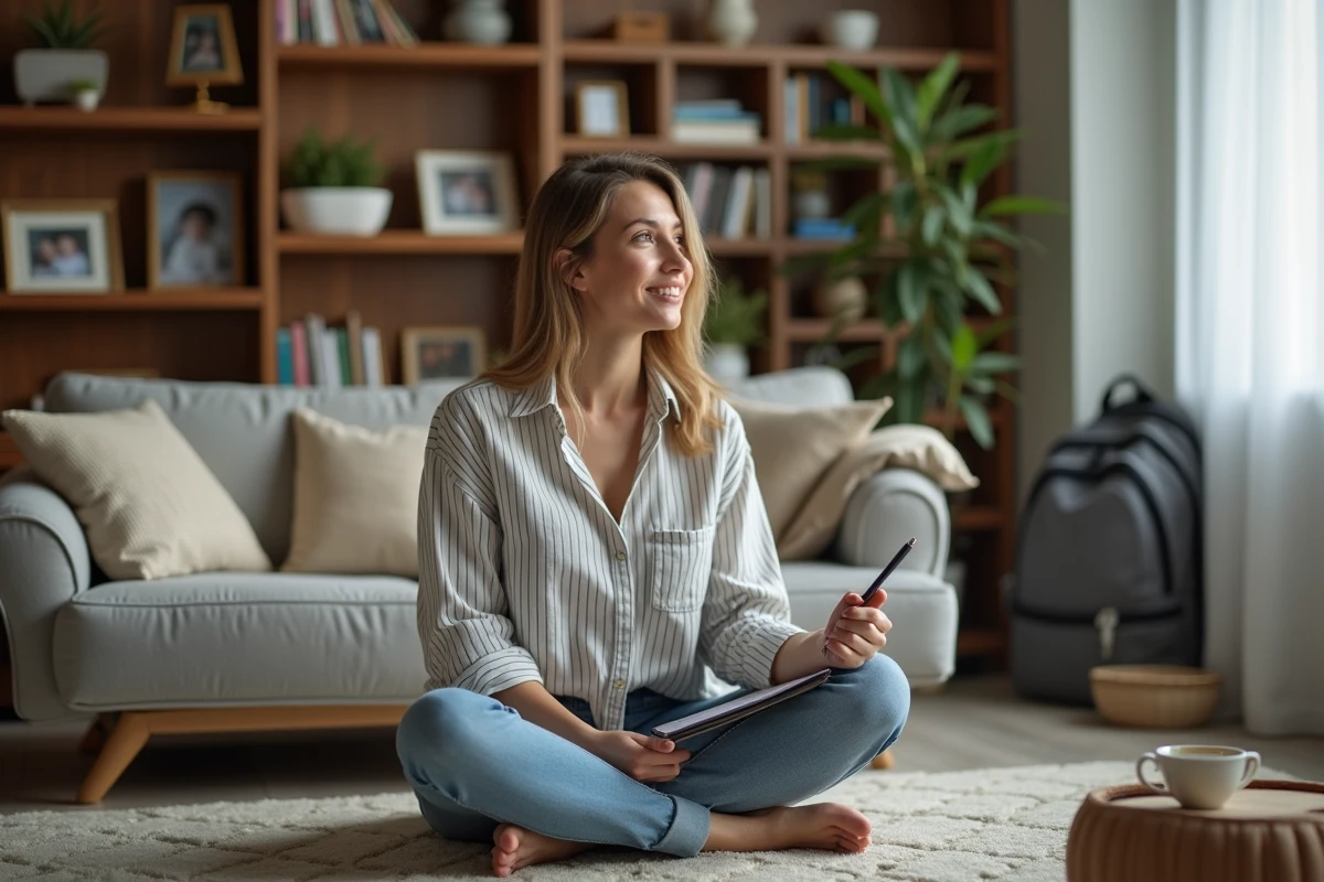 Maman freelance travaillant depuis son salon avec un carnet de notes posé sur les genoux