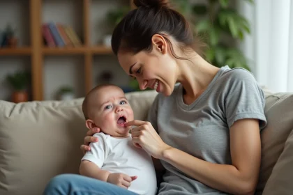 Maman soulageant la douleur des dents de bébé en massant doucement ses gencives