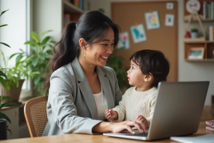 Maman travaillant depuis son bureau à domicile tout en s'occupant de son enfant en bas âge