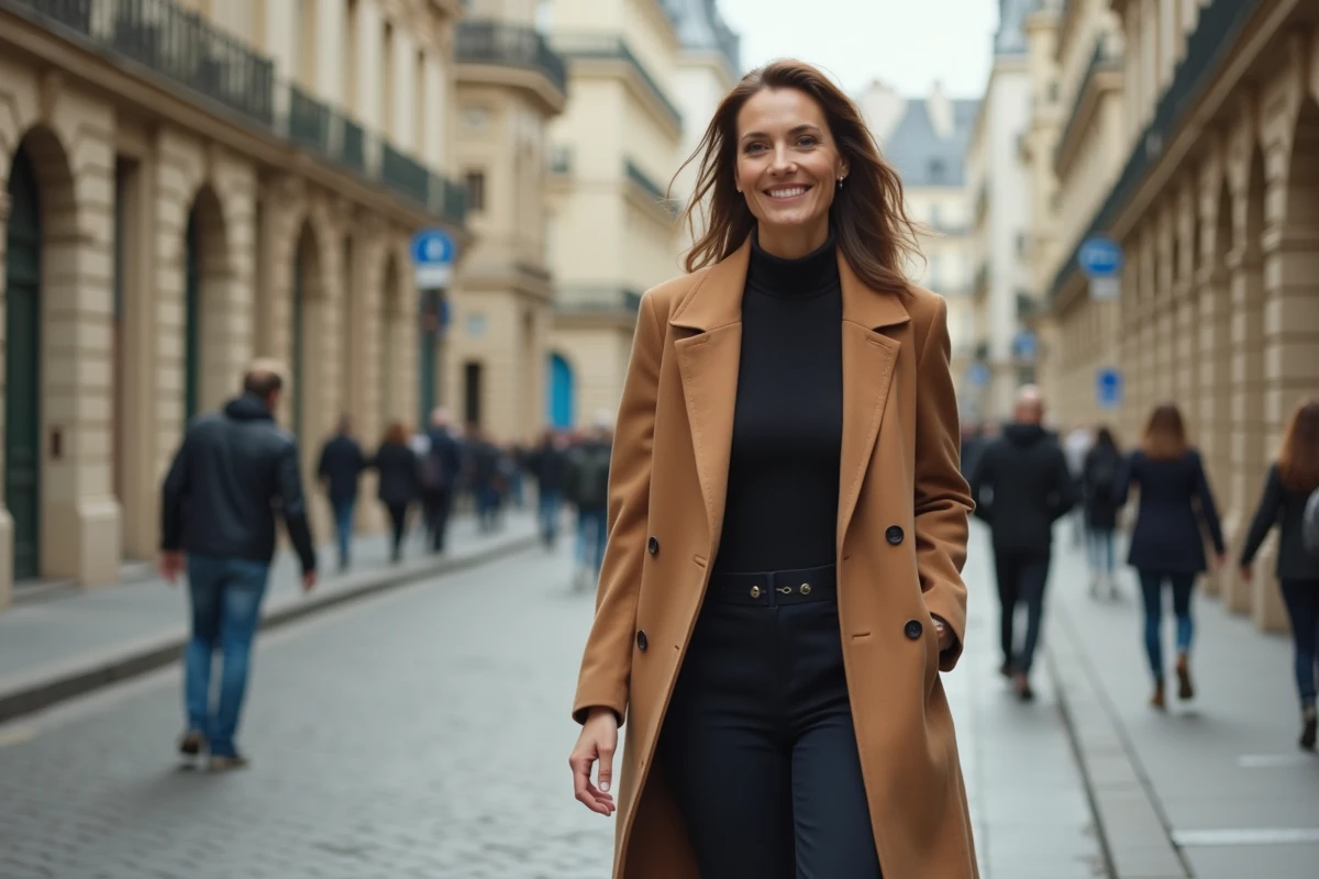 Personnalité médiatique française marchant dans les rues de Paris, portrait en extérieur
