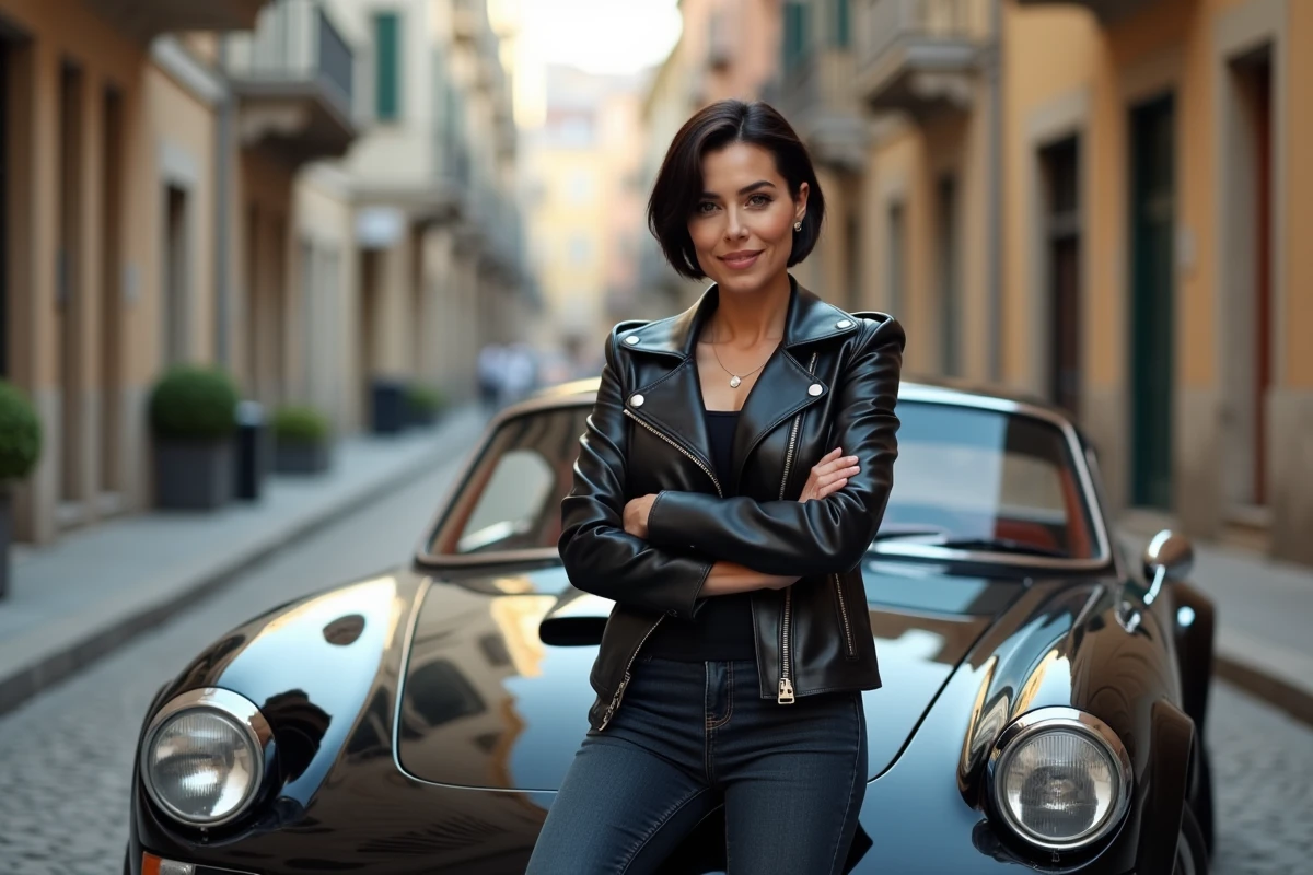 Femme en veste en cuir appuyée contre une voiture de sport dans une rue pavée européenne, portrait lifestyle évoquant la passion automobile de Mari Margot Laffite