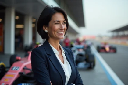Femme élégante en blazer marine dans un paddock de course automobile, portrait éditorial réaliste illustrant la vie de Mari Margot Laffite