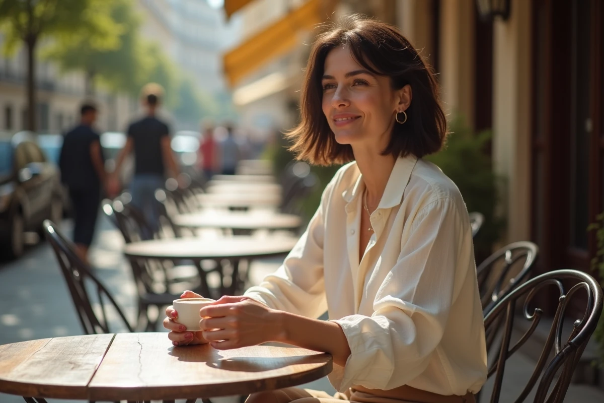 Femme souriante en terrasse de café parisien tenant un espresso, scène de vie quotidienne inspirée de la personnalité de Mari Margot Laffite