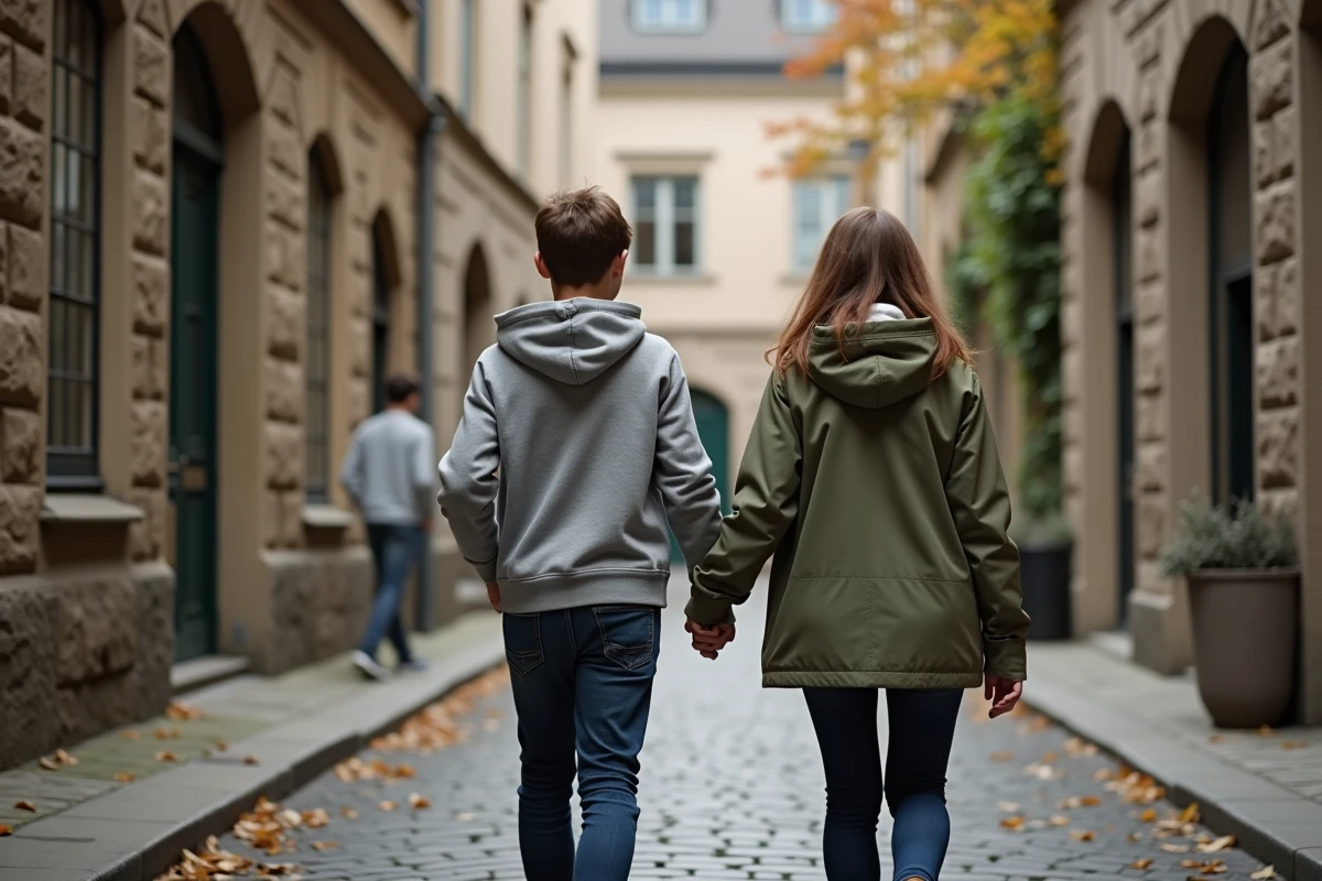 Mère et adolescent marchant main dans la main dans une rue pavée en automne, symbole d'une relation parent-enfant bienveillante à l'adolescence