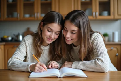 Mère aidant sa fille adolescente à faire ses devoirs dans une cuisine familiale chaleureuse