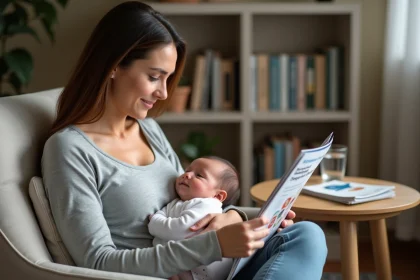 Jeune mère allaitante examinant une brochure sur les aides aux fournitures d'allaitement gratuites dans un salon cosy
