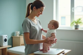Mère pesant son nourrisson sur une balance pédiatrique lors d'une consultation de suivi de croissance