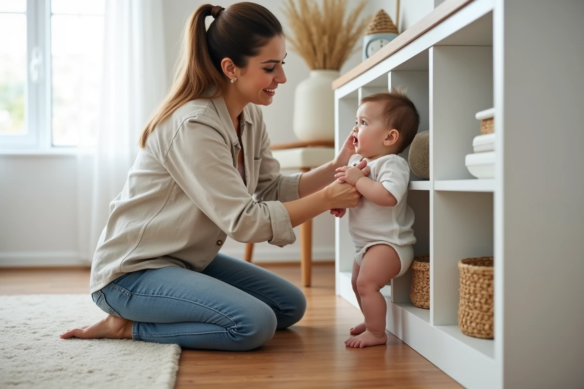 Maman aidant son bébé de 1 an à se lever contre une protection de meuble dans un salon aménagé pour la motricité