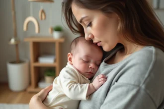 Mère tenant tendrement son bébé fatigué contre sa poitrine dans une chambre de bébé cosy et chaleureuse