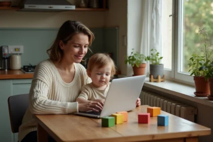 Mère célibataire cherchant une nounou sur un site spécialisé depuis sa cuisine avec son jeune enfant jouant à ses pieds
