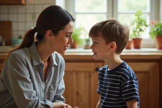 Mère communiquant calmement avec son jeune fils dans une cuisine familiale, illustrant une approche bienveillante de l'éducation parentale