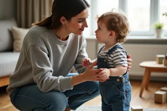 Mère s'accroupissant à la hauteur de son enfant de 2 ans pour lui parler calmement dans un salon chaleureux