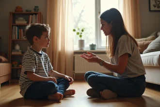Une mère patiente discute calmement avec son enfant boudeur dans un salon familial chaleureux