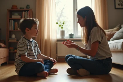 Une mère patiente discute calmement avec son enfant boudeur dans un salon familial chaleureux