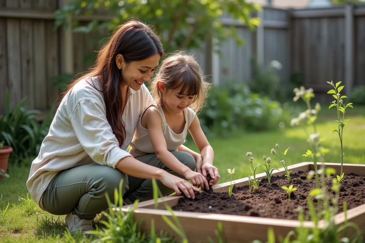 Mère et fille jardinent ensemble à l'extérieur, activité alternative aux écrans pour favoriser la reconnexion à la nature