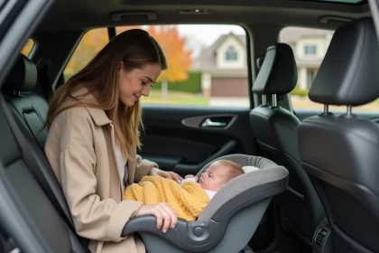 Jeune mère attachant son nouveau-né dans un siège auto pour une première sortie en voiture