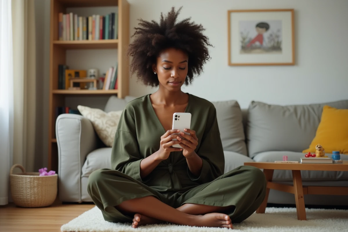 Mère célibataire consultant un profil de nounou sur une application mobile depuis son salon