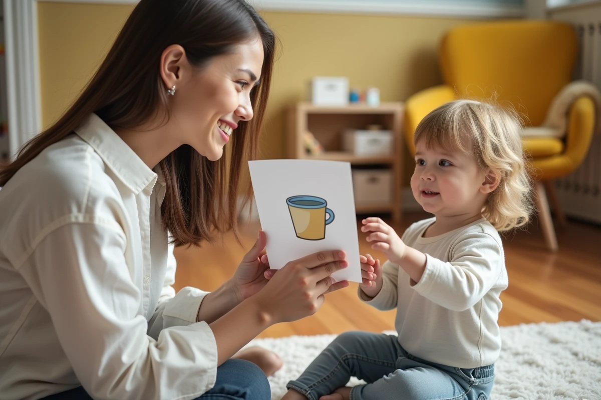 Jeune thérapeute ABA utilisant des cartes visuelles pour stimuler la communication d'un enfant lors d'une séance à domicile