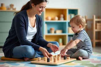 Thérapeute ABA travaillant avec un jeune enfant autiste sur un exercice de tri de formes dans une salle de thérapie colorée et accueillante