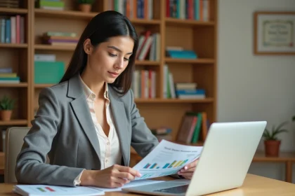 Directrice de crèche professionnelle assise à son bureau consultant des documents sur les métiers de la petite enfance bien rémunérés