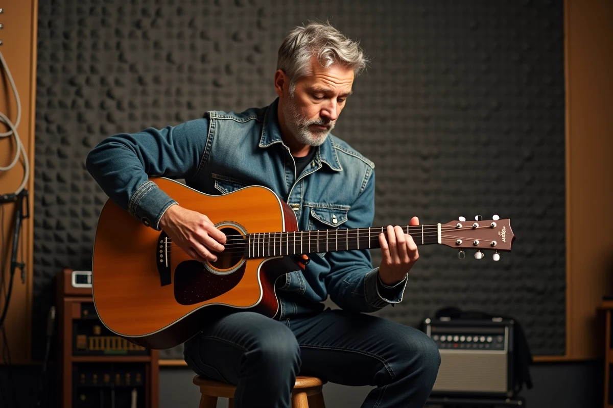 Musicien adulte jouant de la guitare acoustique dans un studio de répétition urbain