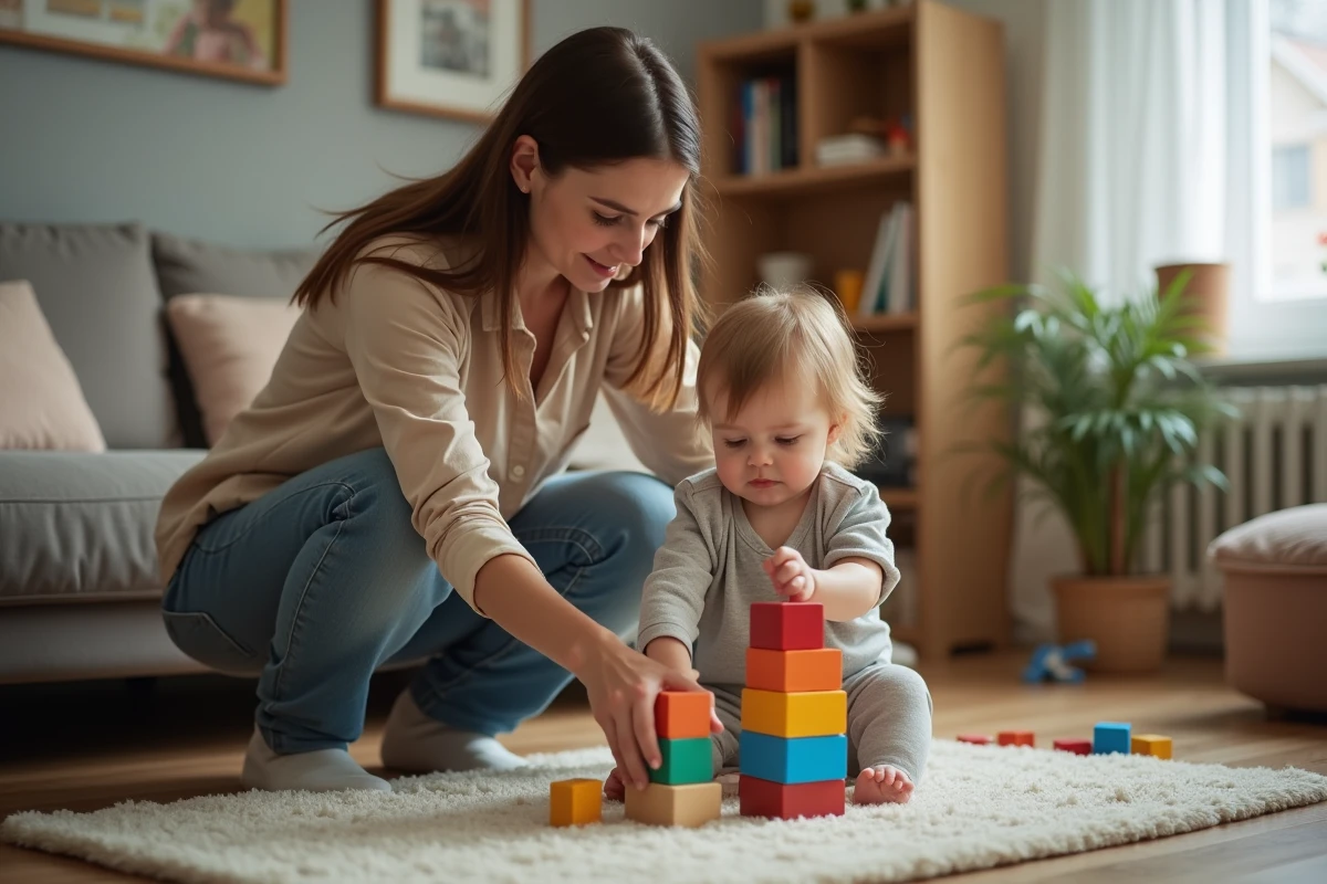 Nounou à domicile jouant avec un enfant en bas âge dans un salon d'appartement modeste illustrant la garde informelle
