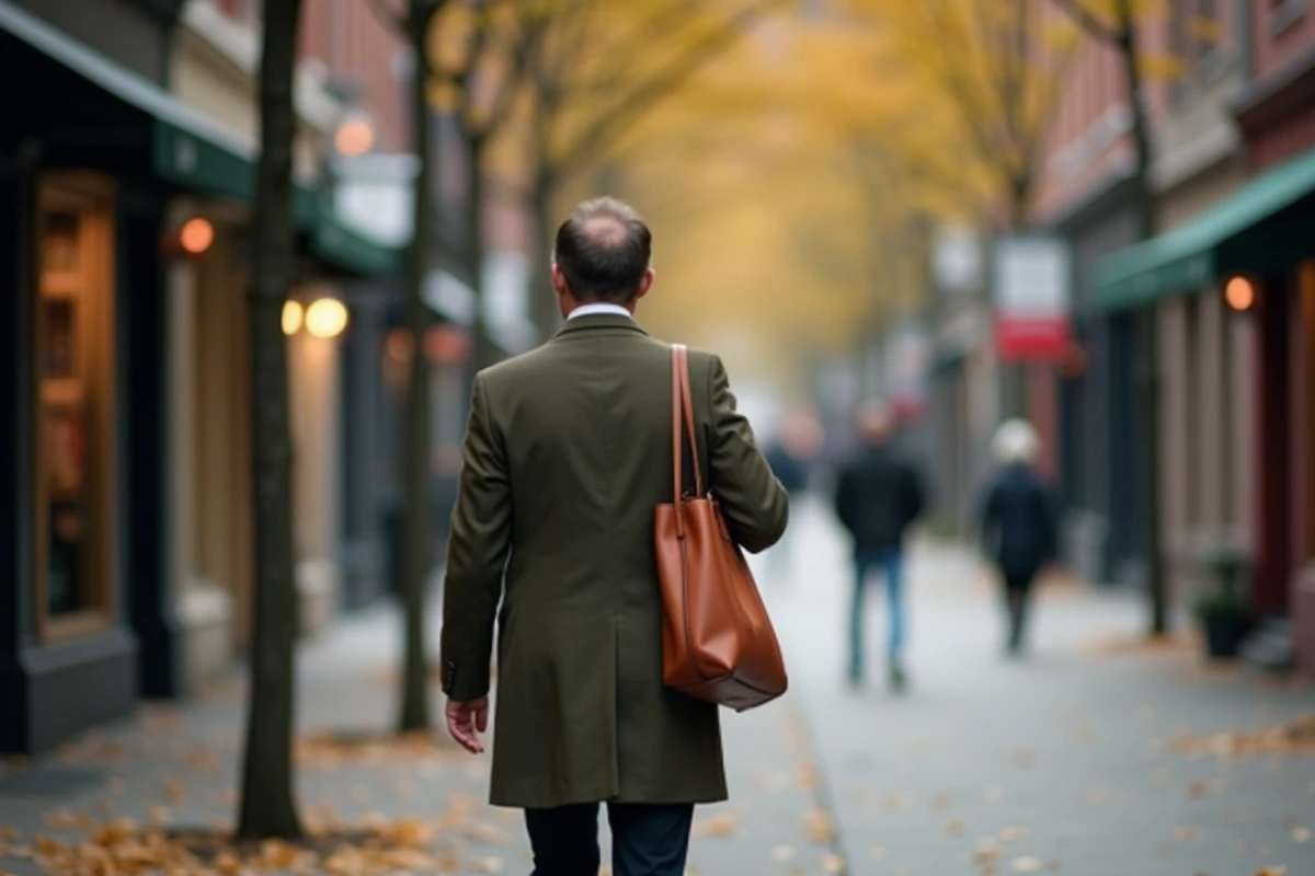 Personne marchant seule sur un trottoir urbain en automne, posture confiante et regard vers l'avenir, symbolisant le nouveau départ après une séparation