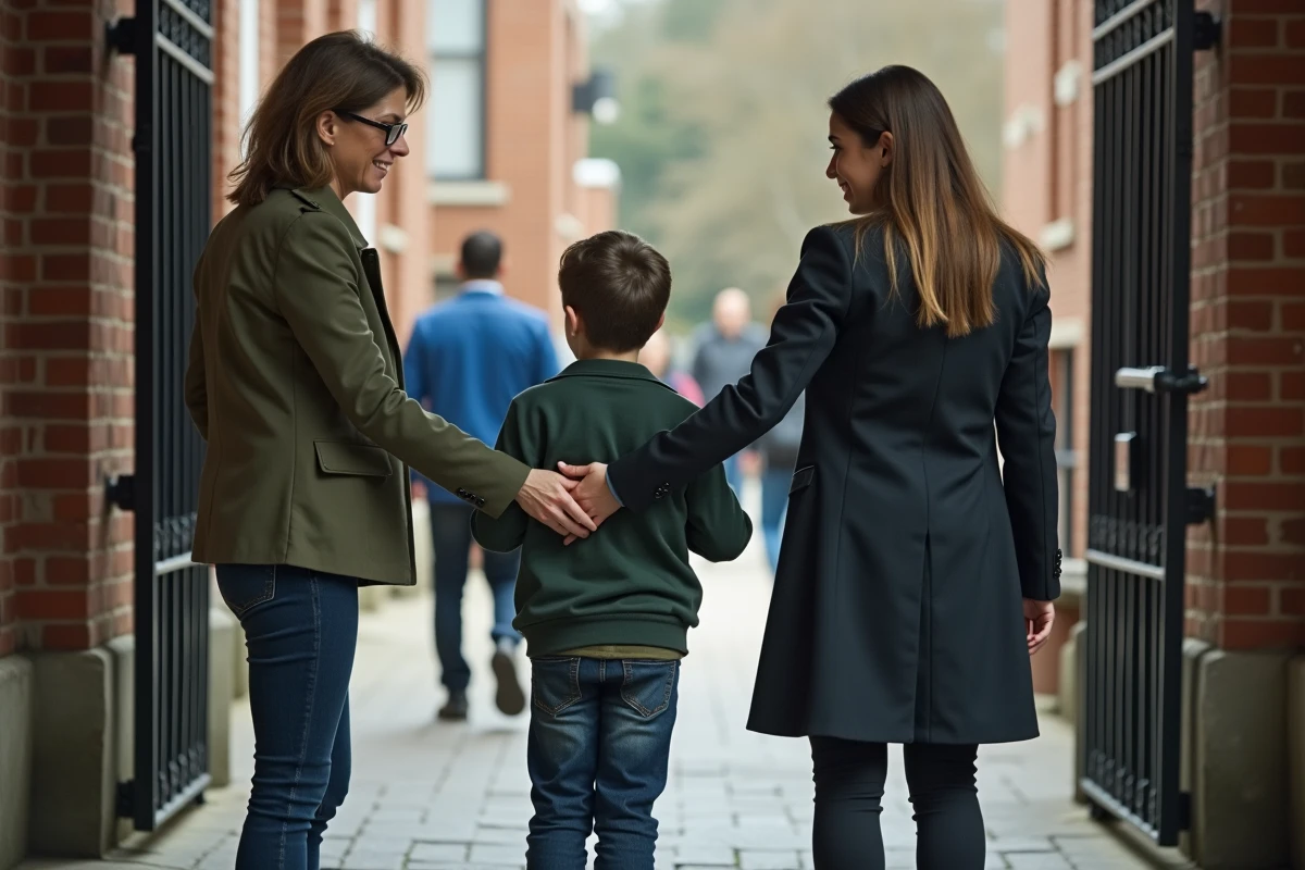 Mère intervenant auprès d'une enseignante à l'entrée de l'école à la place de son enfant, illustration typique du comportement d'un parent curling