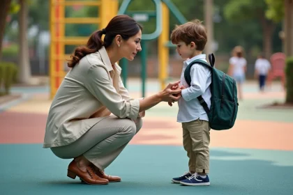 Mère surprotectrice ajustant le sac à dos de son enfant dans une aire de jeux, illustrant le concept de parent hélicoptère ou parent curling