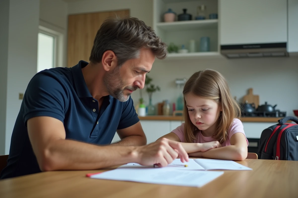 Père faisant les devoirs à la place de sa fille, symbolisant le comportement d'un parent curling qui surprotège et prend en charge les difficultés de l'enfant