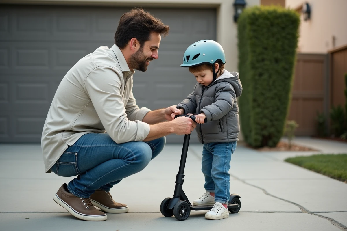 Parent aidant un enfant de 7 ans à ajuster son casque avant une sortie en trottinette dans l'allée de la maison