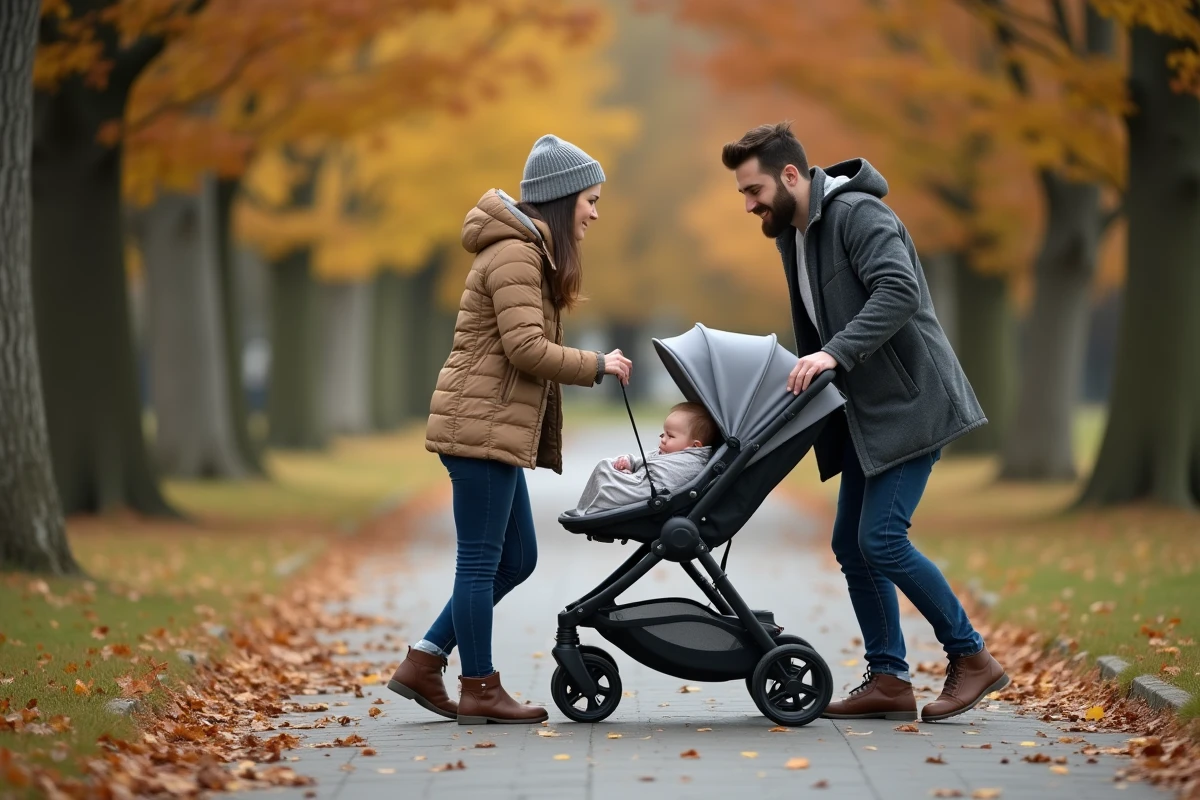 Parents promenant leur nouveau-né en poussette dans un parc en automne lors d'une première sortie