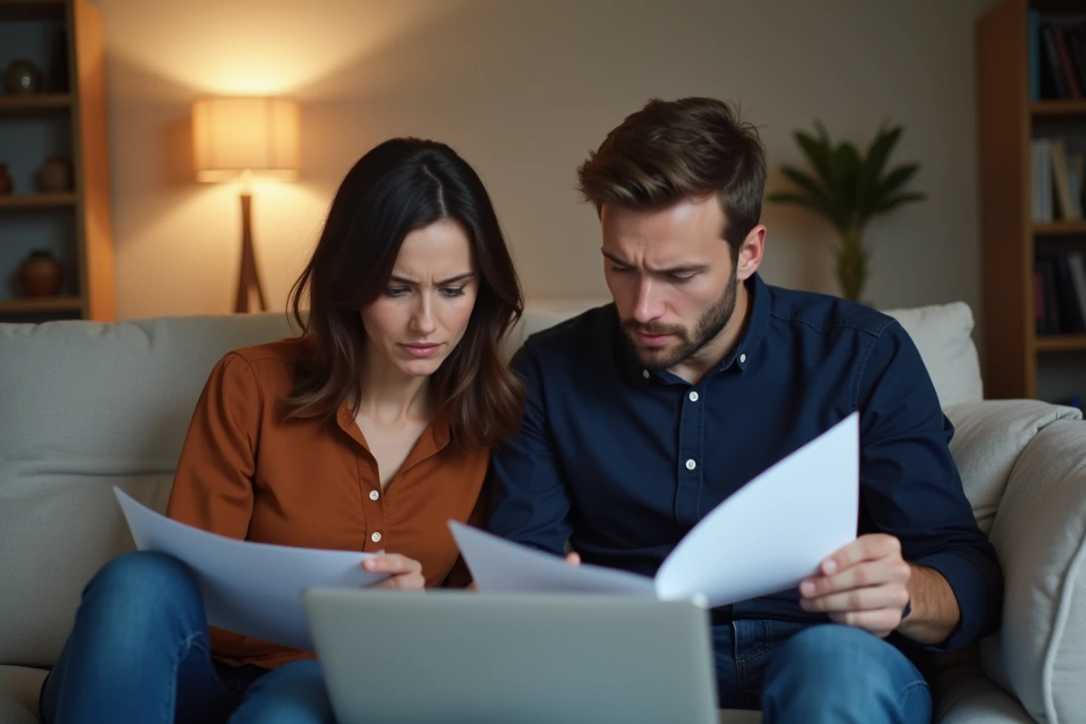 Couple de parents stressés consultant des documents sur un canapé après avoir recouru à une nounou au black sans contrat