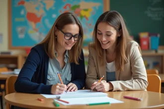 Enseignante et mère en réunion parents-professeurs autour d'un dessin d'enfant dans une salle de classe colorée