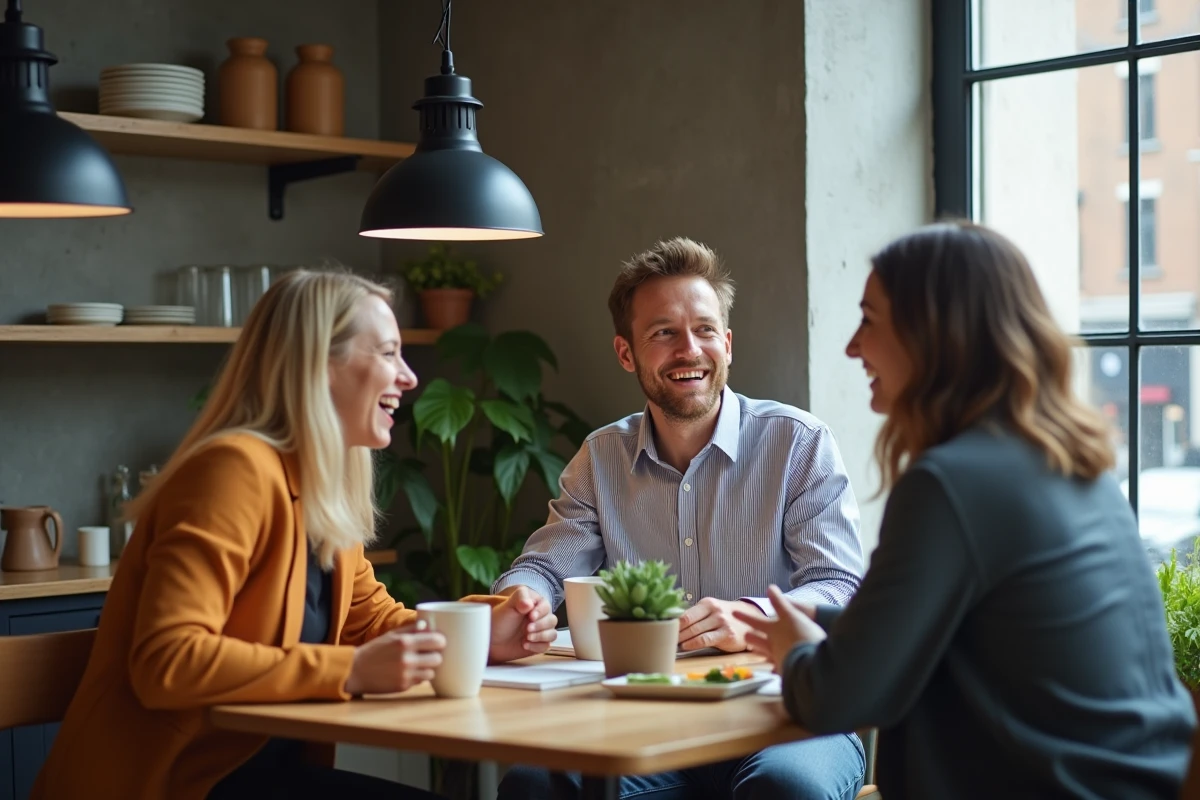 Trois collègues riant ensemble pendant une pause déjeuner au bureau, illustrant l'importance des moments de déconnexion au travail