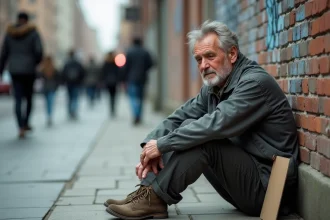 Homme sans-abri assis sur un trottoir urbain, illustrant le problème social de la pauvreté et de l'exclusion