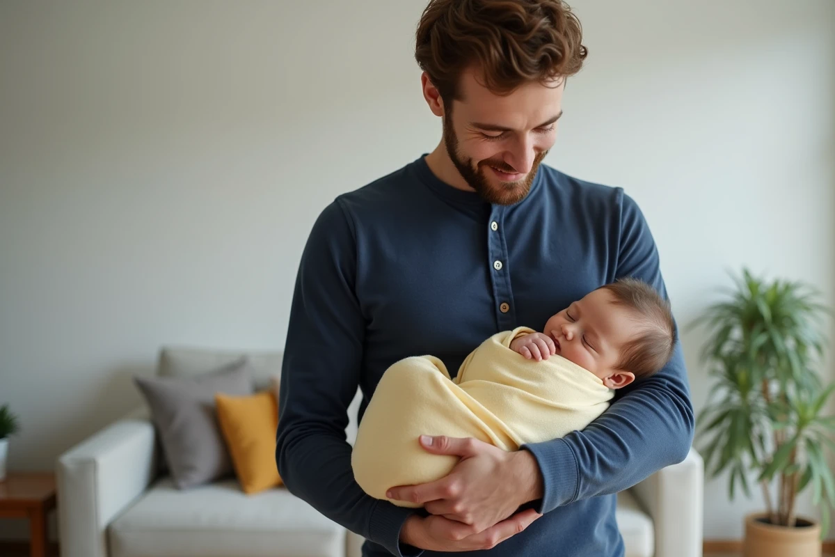 Père berçant doucement son bébé endormi emmailloté dans un salon moderne et épuré
