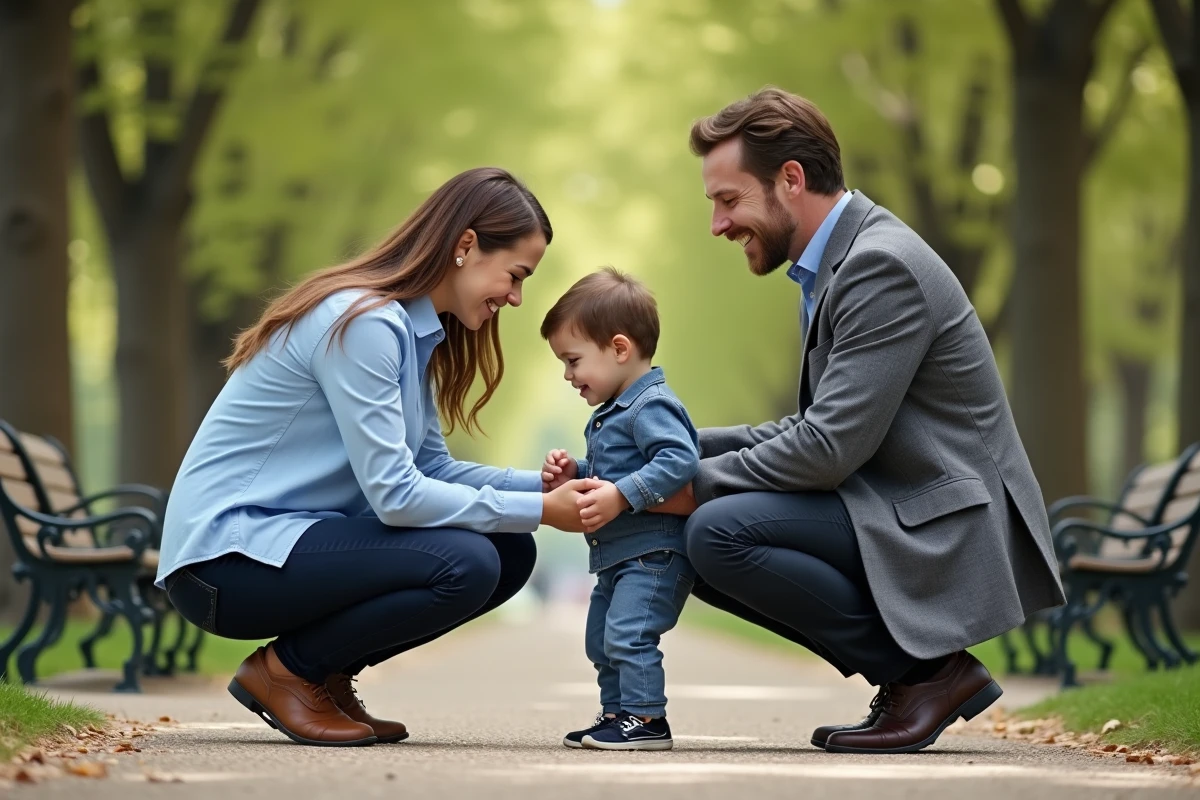 Père célibataire observant la rencontre entre son fils et une candidate nounou dans un parc urbain