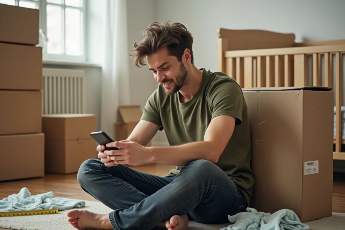 Jeune père assis par terre dans une chambre de bébé en cours de montage consultant un site de parentalité sur son téléphone avec une expression stressée