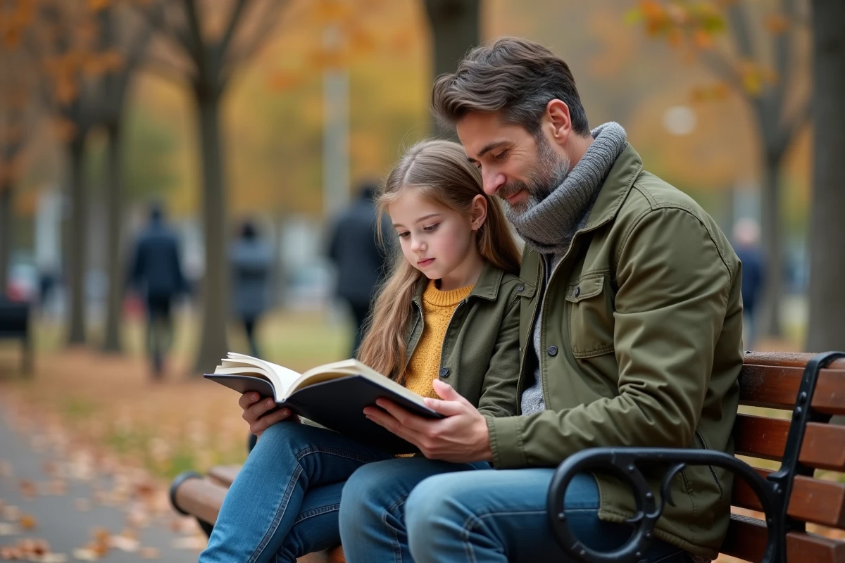 Père et fille adolescente en discussion collaborative dans un parc en automne, symbolisant l'écoute et l'accompagnement dans l'éducation parentale