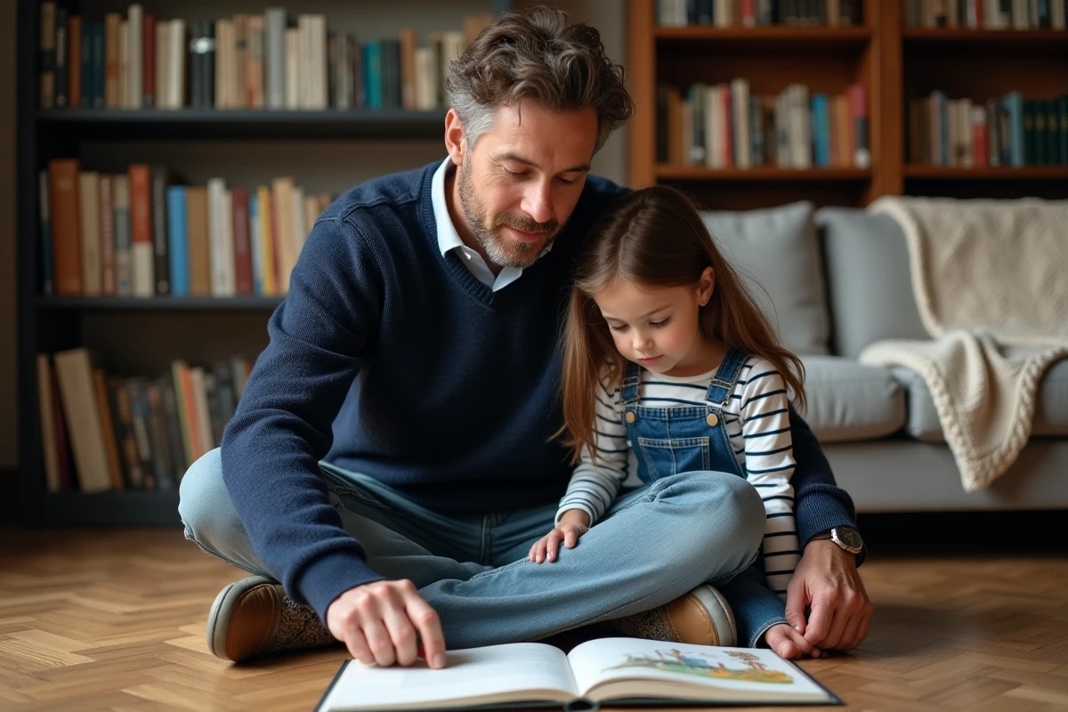 Père et fille lisant ensemble un livre illustré assis par terre dans un salon chaleureux, illustrant le lien affectif parent-enfant